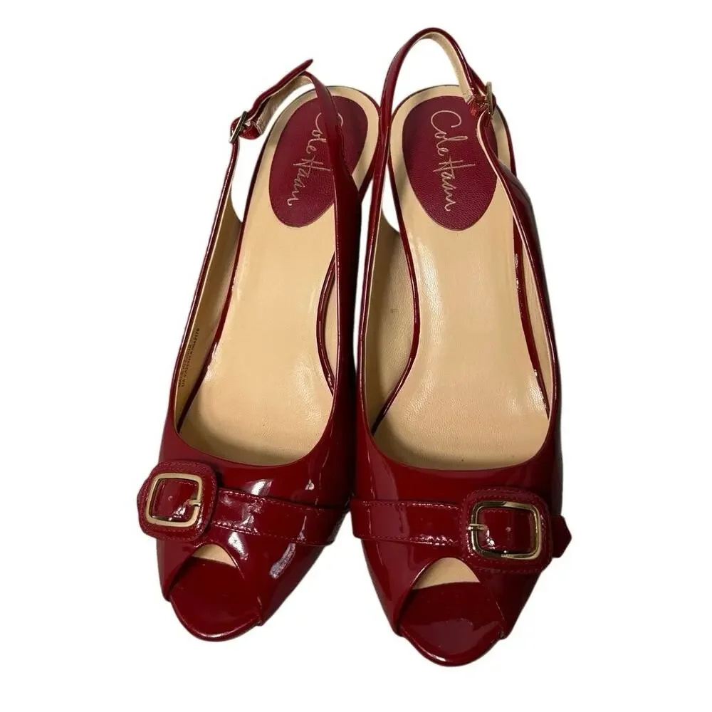 Cole Haan Nike Air Eliana Red Patent Leather Buckle Peep Toe Slingback Heels 10